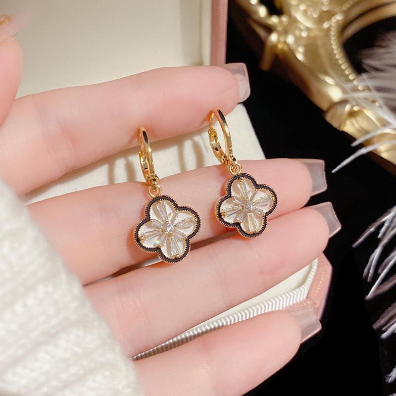 Yupsk Exquisite Elegant Copper Zircon Four-Leaf Flower Dangle Earrings for Women Girls Golden Anniversary Birthday Jewelry