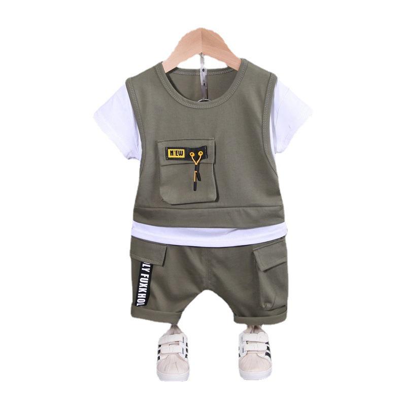Boys' Summer Patchwork Outfit: Round Neck Short Sleeve Top & Shorts Set (0-4 Years)