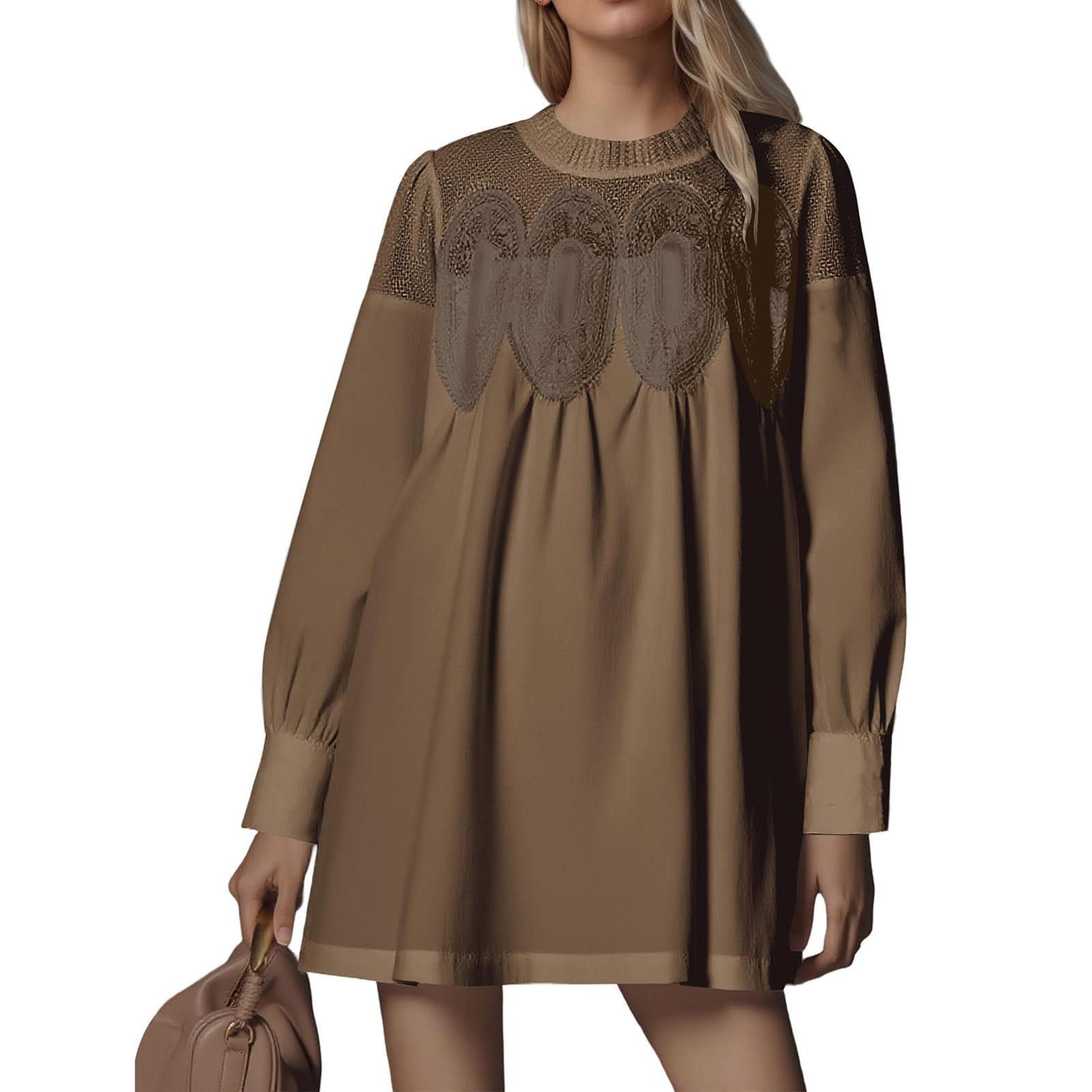 Women s Color Casual Fashion Long Sleeved Round Neck Dress M коричневый
