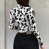 2023 New Cow Pattern Print Stretchy Crop Tops Women Long Sleeve Turtleneck Skinny High Street Casual Fashion Graphic Tees Shirts
