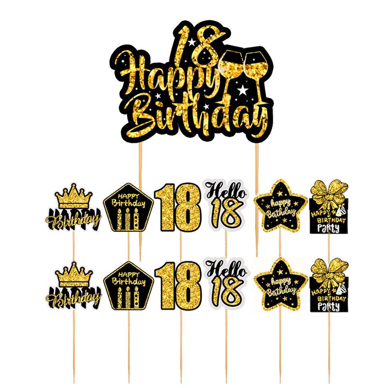 1Set 18-60 Year Old Black Gold Cake Topping Happy Birthday Party Supplies Adult Anniversary Birthday Cake Top Accessories Props