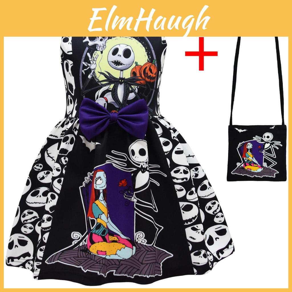 The Nightmare Before Christmas Halloween Girl Dress With Cartoon Pattern And Accessories For Kids