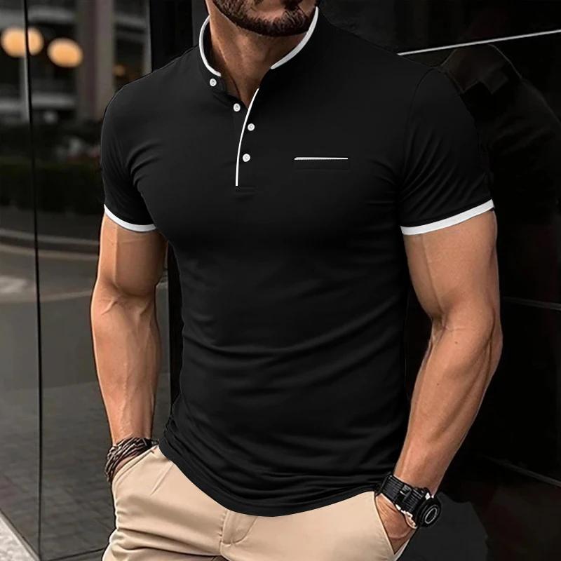 2026 Nouveau T-shirt Décontracté et Mode pour Homme, Couleur Unie, Manches Courtes, Col Montant, Haut Polyvalent et Confortable pour l'Été