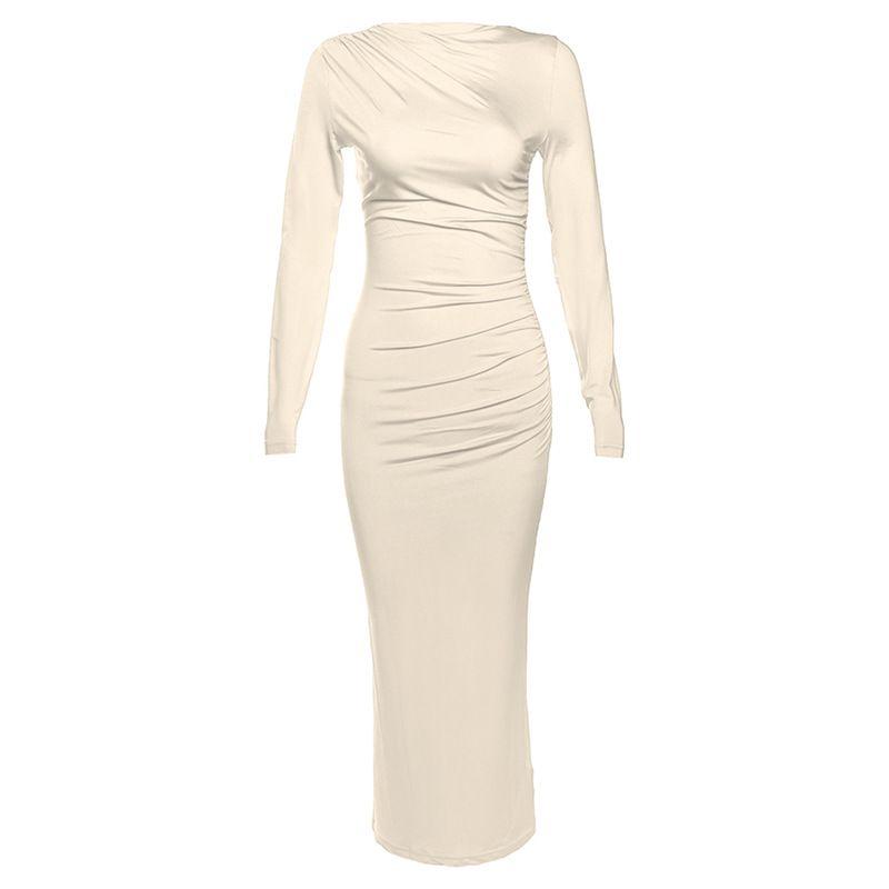 INS Fashion Style 2024 New Arrival Women's Clothing Fashion Round Neck Long Sleeves Silm Hip Bag Pure Color Elegant Dress
