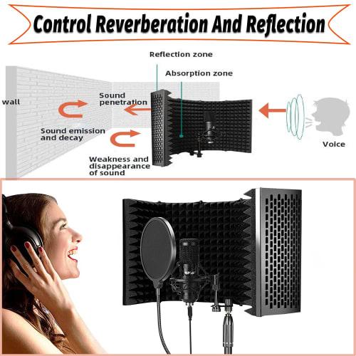 Microphone Isolation Shield with Five Panels, Portable Tripod Stand, Filter, Reflection Filter, High-Density Sound Absorbing Material, Desktop Compati