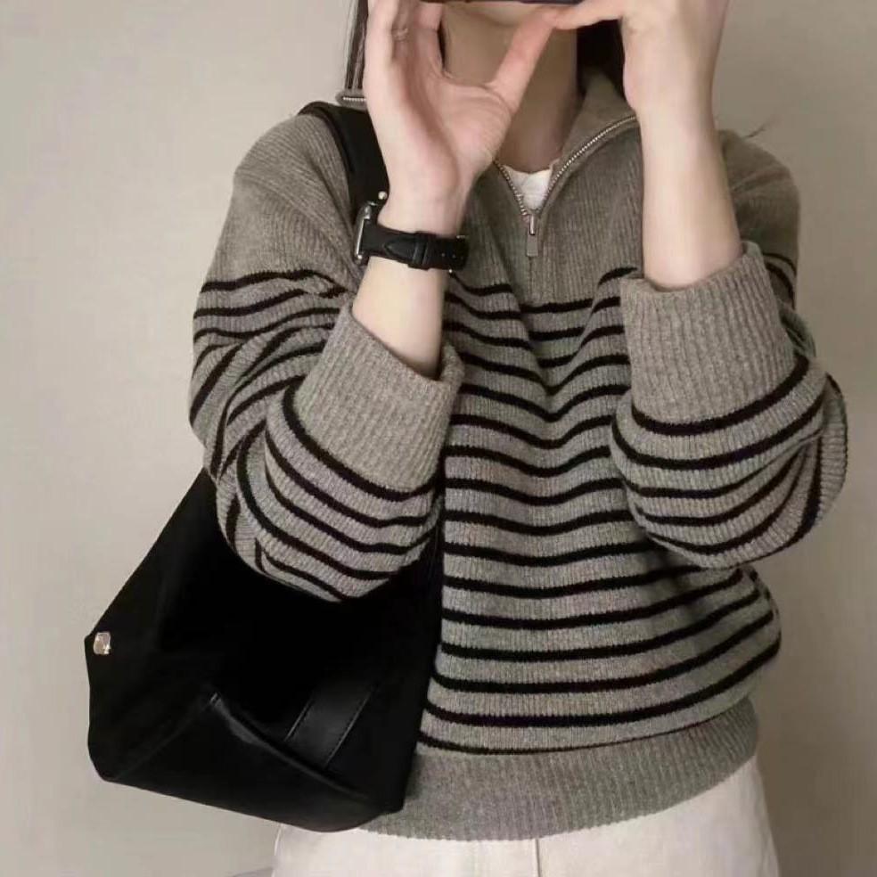Autumn and winter new loose casual sweater women's semi-zipper pullover striped knitted sweater top