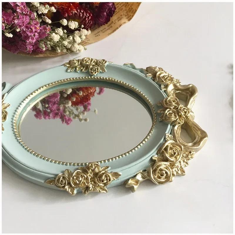 Handheld Rose Mirror Vintage – Portable Oval Makeup Mirror with Embossed Floral Design, Travel Cosmetic Mirror for Women Girls