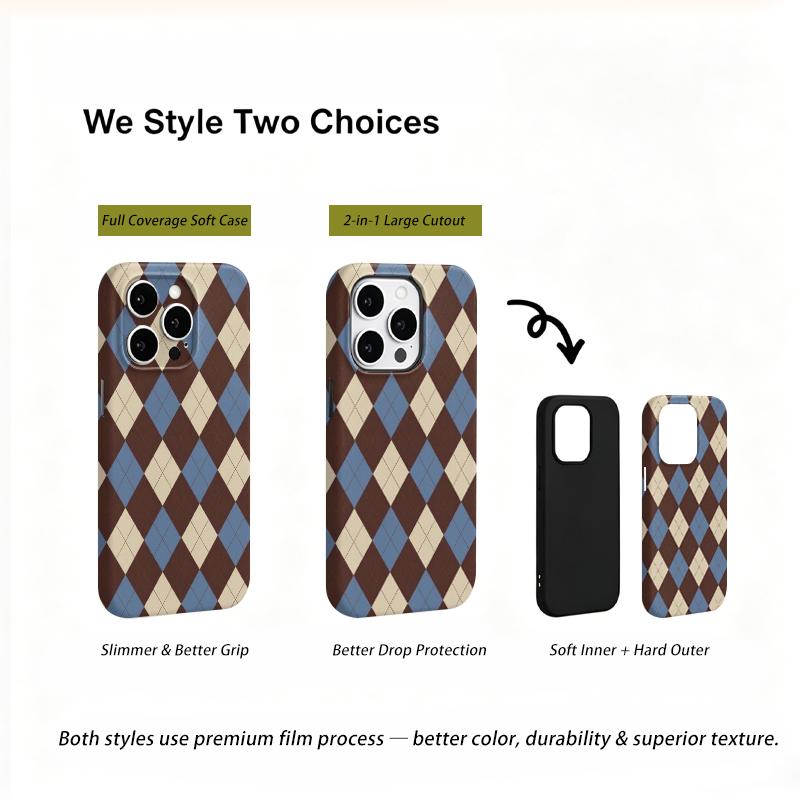 Classic Retro Plaid Argyle Geometric Pattern Art Film Aesthetic Protective Shockproof Bumper Case Cover For iPhone 14 15 16 Pro Max Plus