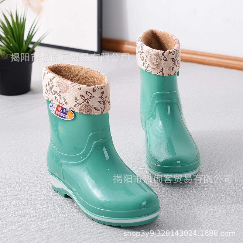 Fashion Medium Tube Rain Shoes Women's Canteen Water Shoes Non-slip Black Women's Rubber Shoes Adult Cotton Thermal Shoes