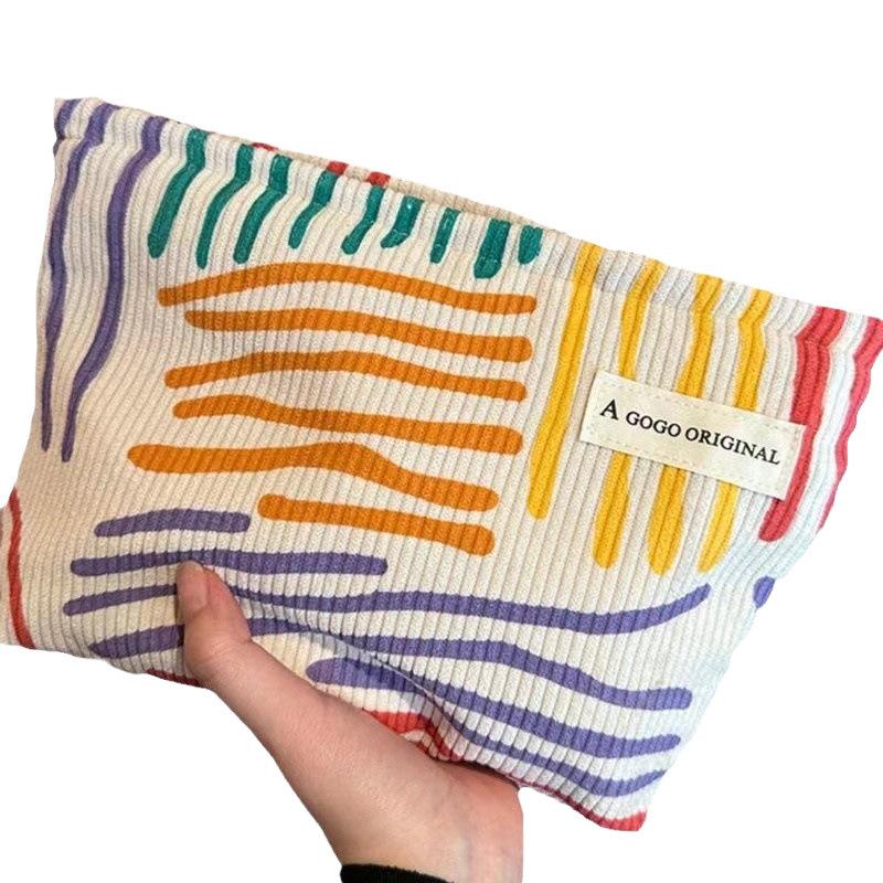 Colorful Stripes Corduroy Cosmetic Bag Portable Travel Toiletry Bag Skincare Sundries Aesthetic Makeup Storage Bag