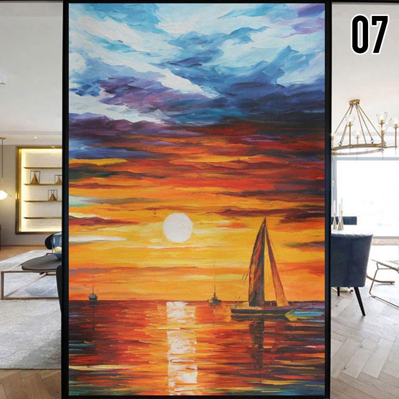 European Style Retro Privacy Windows Film Landscape Oil Painting Colorful Stained Glass Stickers Static Cling Glass Film
