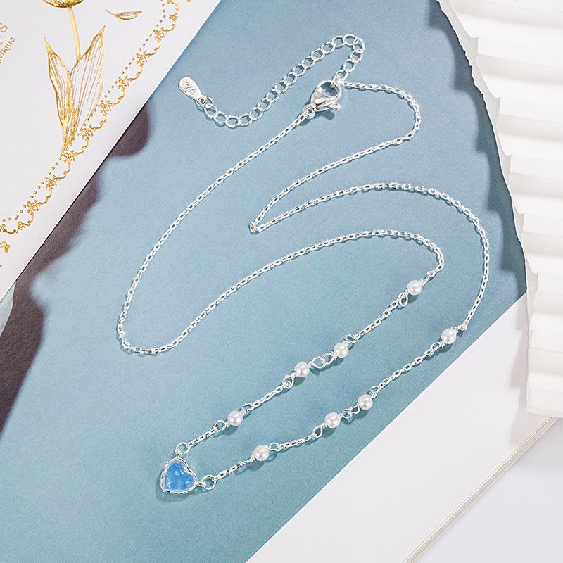 Ladies Crystal Pearls Love Heart Pendant Necklace Jewelry