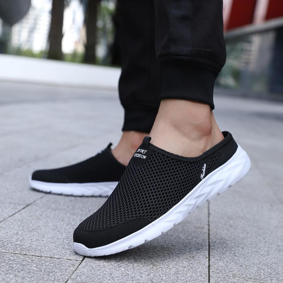 Summer Mesh Men's Half Slippers Casual Breathable Casual Shoes Large Size Soft Sole Hollow Trend Men's Walking Shoes