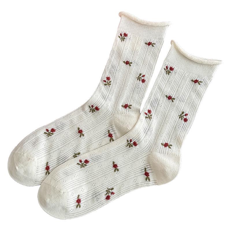 2026 New Mesh Floral Lace Women's Thin Striped Long Socks - Spring & Summer Korean Style