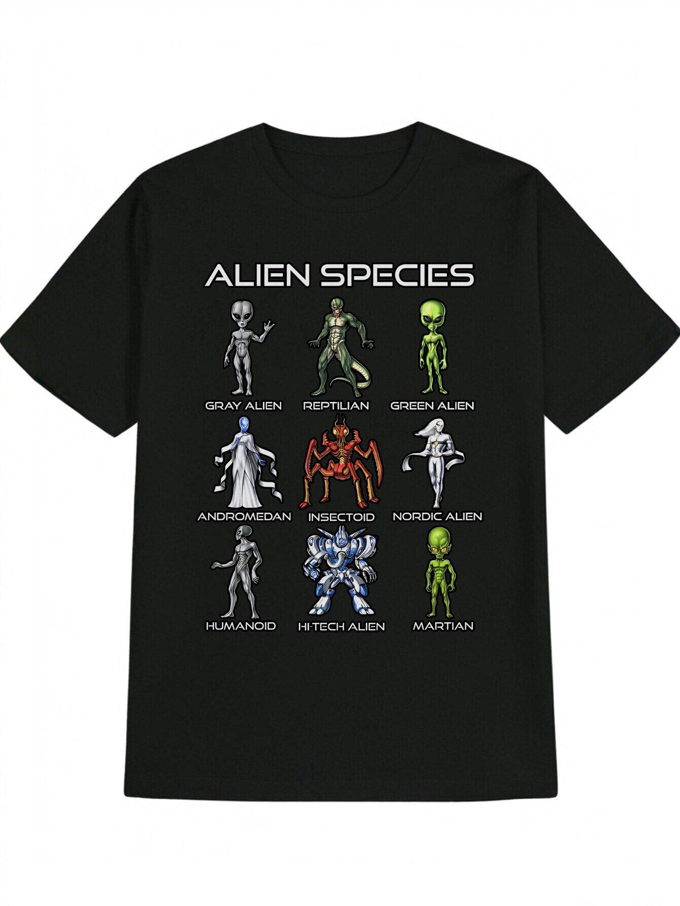 Casual Crew Neck T-shirt with Alien Species Graphic Print - Soft Fabric S