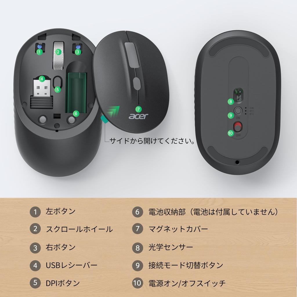 Acer Wireless Bluetooth Connection Switch for Portable USB Mouse with 3 DPI Compatible with and iPad Mouse, 5.2 + 2.4GHz, Symmetrical, 3-Device M/S