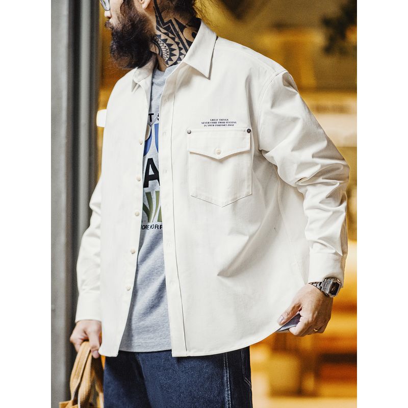 Madden Parka American Casual Herringbone Profile Long Sleeves Shirt Print Bandage Dress White with Lapel Shirt Men's Autumn