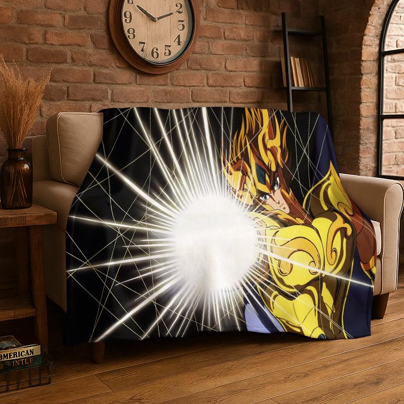 Retro Saint Seiya Anime Cartoon Flannel Blanket Soft Warm Throw Blanket for Bedroom Living Room Bed Travel Camping Picnic Gift