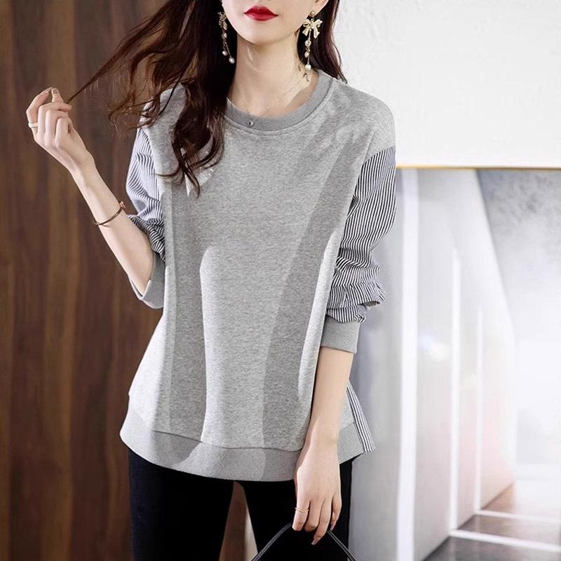 Updated Korean Version Relaxed Fit Lazy Style Long-sleeved Design Niche Round Neck Top