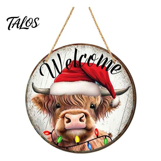 Rustic Christmas Wall Decor Wooden Round Hanging Sign, Santa Claus Highland Cow Winter Theme Farmhouse Holiday Art Door Decor, Welcome Ornament