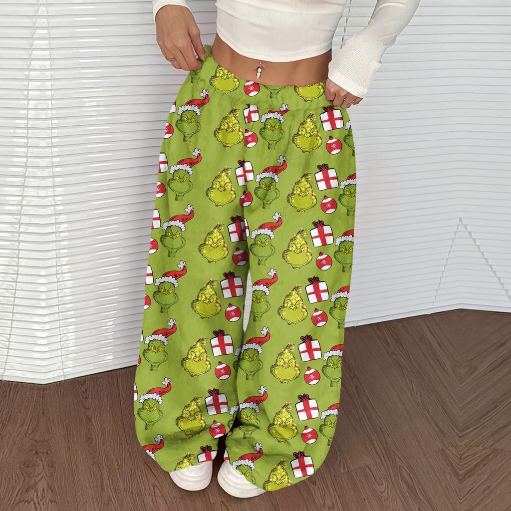 Women's Casual Christmas Print Elastic Waist Loose Fit With Plush Wide Leg Pants