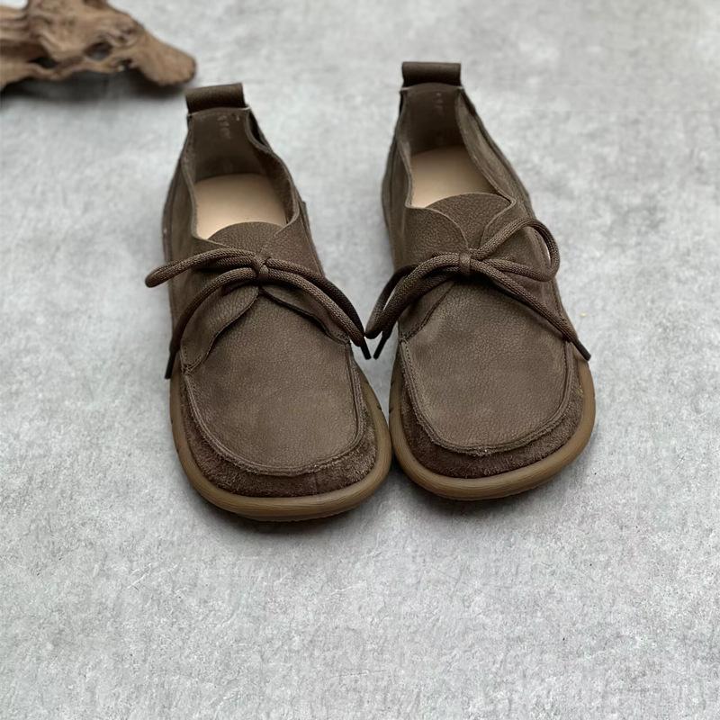 Johnature Handmade Genuine Leather Flats Women Shoes Round Toe Shallow Soft Sole Loafers Retro Solid Color Shoes