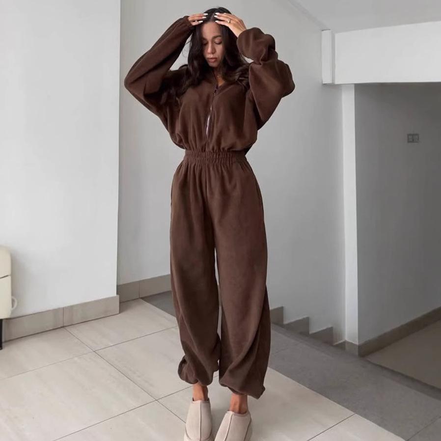 European & American Women's Spring/Autumn Long Sleeve Jumpsuit - Casual Half Open Neck, Elastic Waist Set