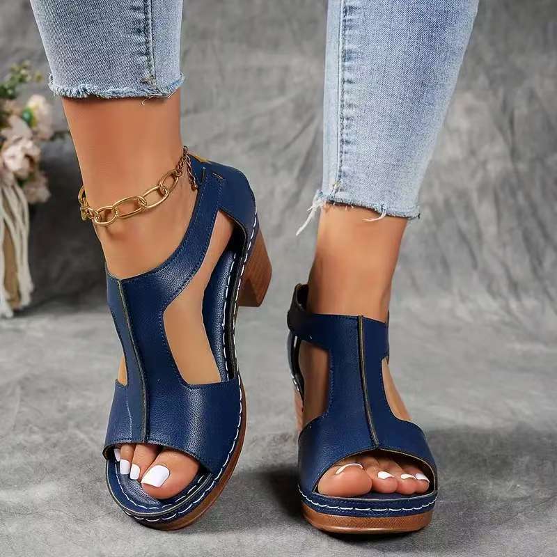 Sandali Estivi Nuovi Moda Europea e Americana Tacco Blocco Punta Aperta Donna Bocca di Pesce Fibbia Tacchi Alti Taglie Grandi Scarpe da Donna Commercio Estero