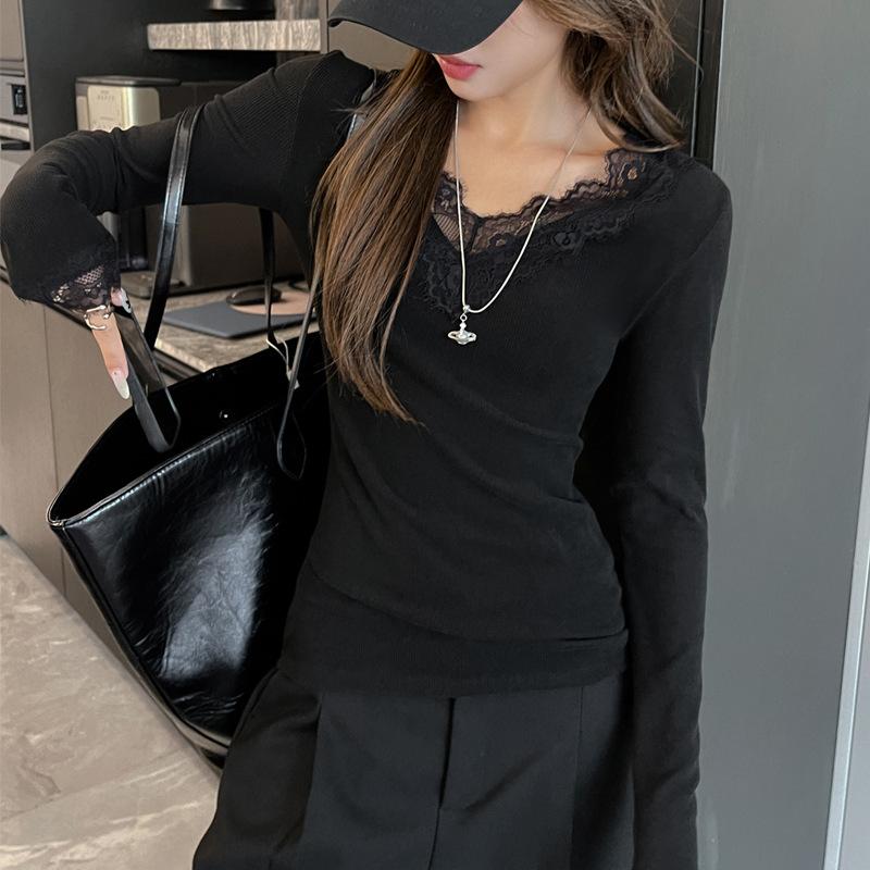 Jaro Podzim V-výstřih Krajkové Patchwork Jednobarevné Spodní Tričko Dámské Dlouhý Rukáv Slim Vše-k-sebe Ležérní Tričko Pulovr Top