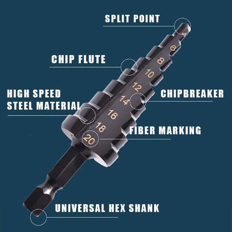 Hexagonal Handle Black Step Drill Bit Set 3-12/4-12/4-20/4-32mm for Expanding Holes and Tapered Drilling
