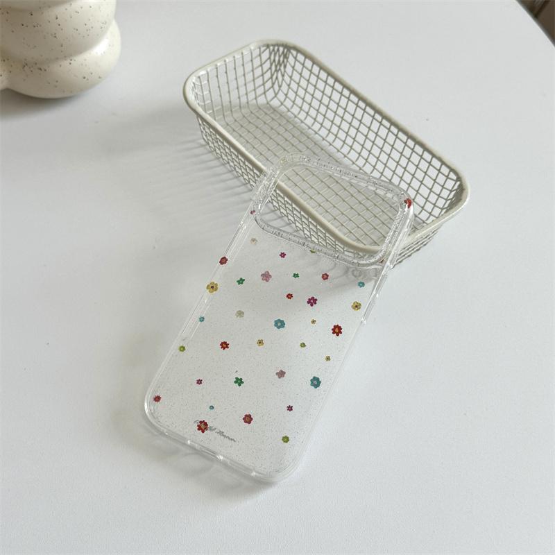 Kawaii Colorful Tiny Floral Glitter Clear Phone Case For iPhone 14 15 16 17 Pro Max INS Cute Large Window Shockproof Cover