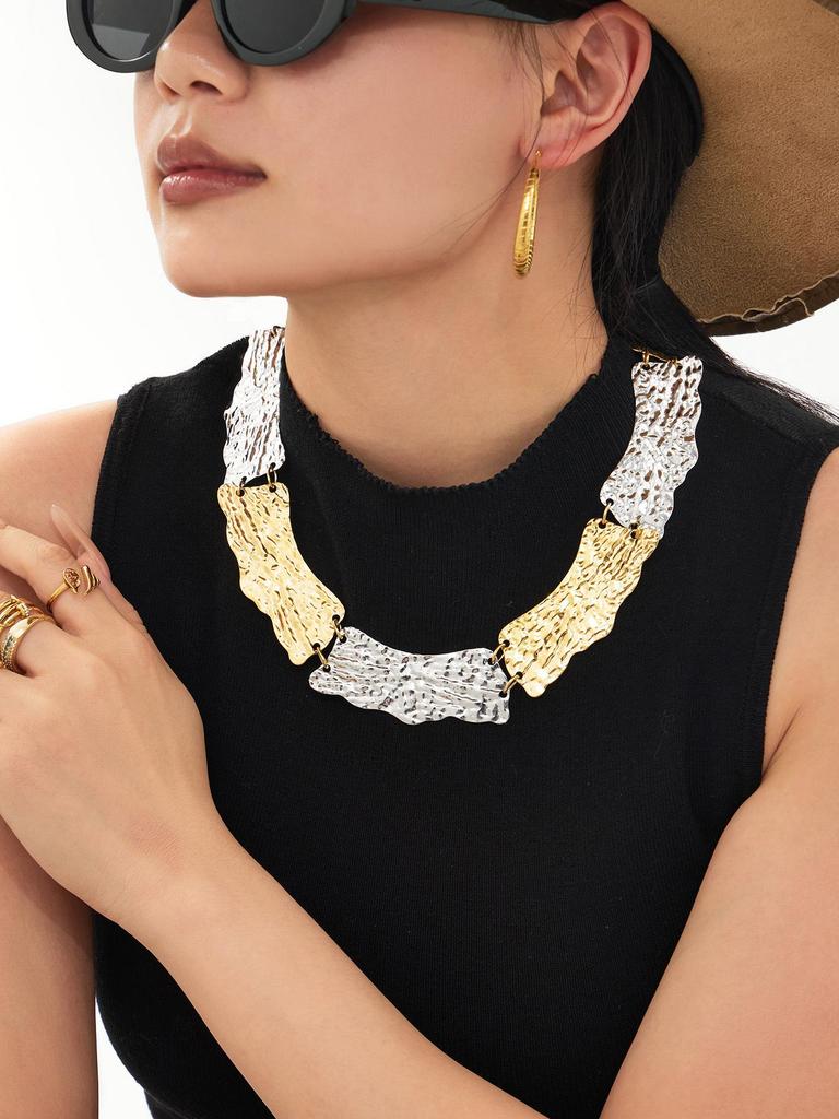 Vintage-Style Wide Textured Handmade Necklace: 18K Gold & Stainless Steel Women's Jewelry
