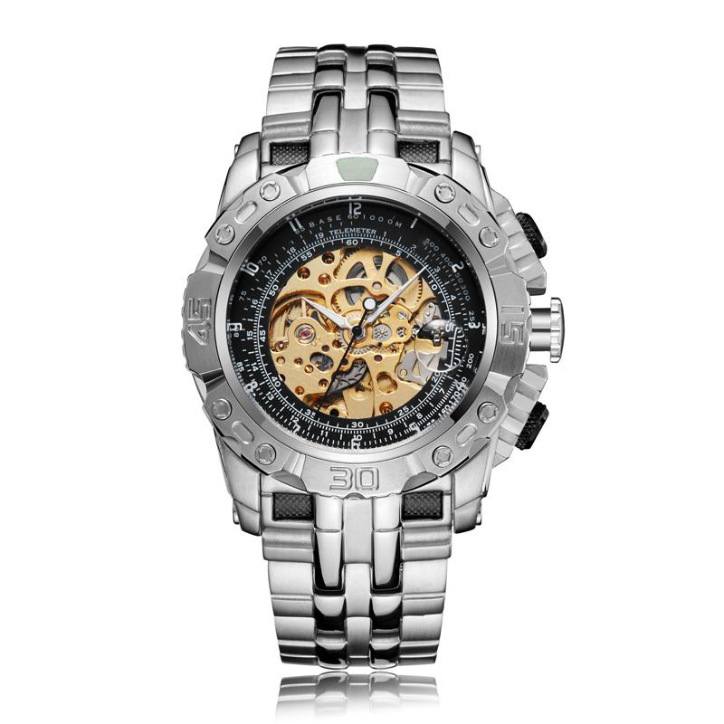 Luxury Silver Gold Automatic Mechanical Watch For Men Full Steel Skeleton Wristwatch Clock Over-sized Big Dial Relogio Masculino