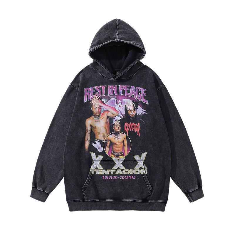 American Trendy Brand Hooded Sweater Retro Skull Print Washed Old Oversize Jumper Top