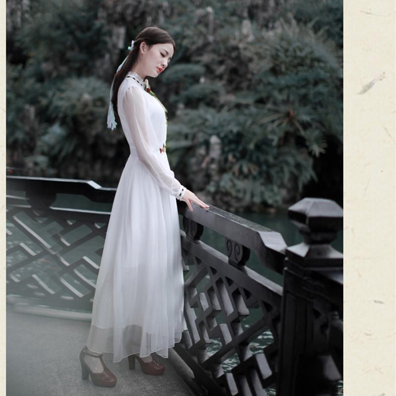 Vintage francouzské šifonové vyšívané maxi šaty s dlouhým rukávem pro ženy