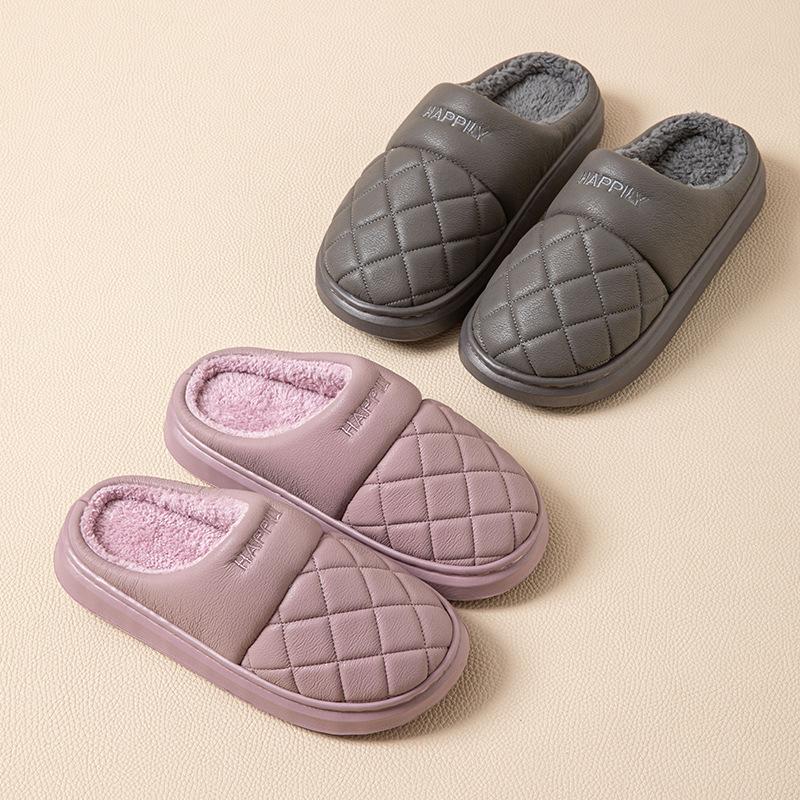 Warm waterproof cotton slippers men's winter PU leather indoor non-slip thick-bottomed velvet cotton slippers women