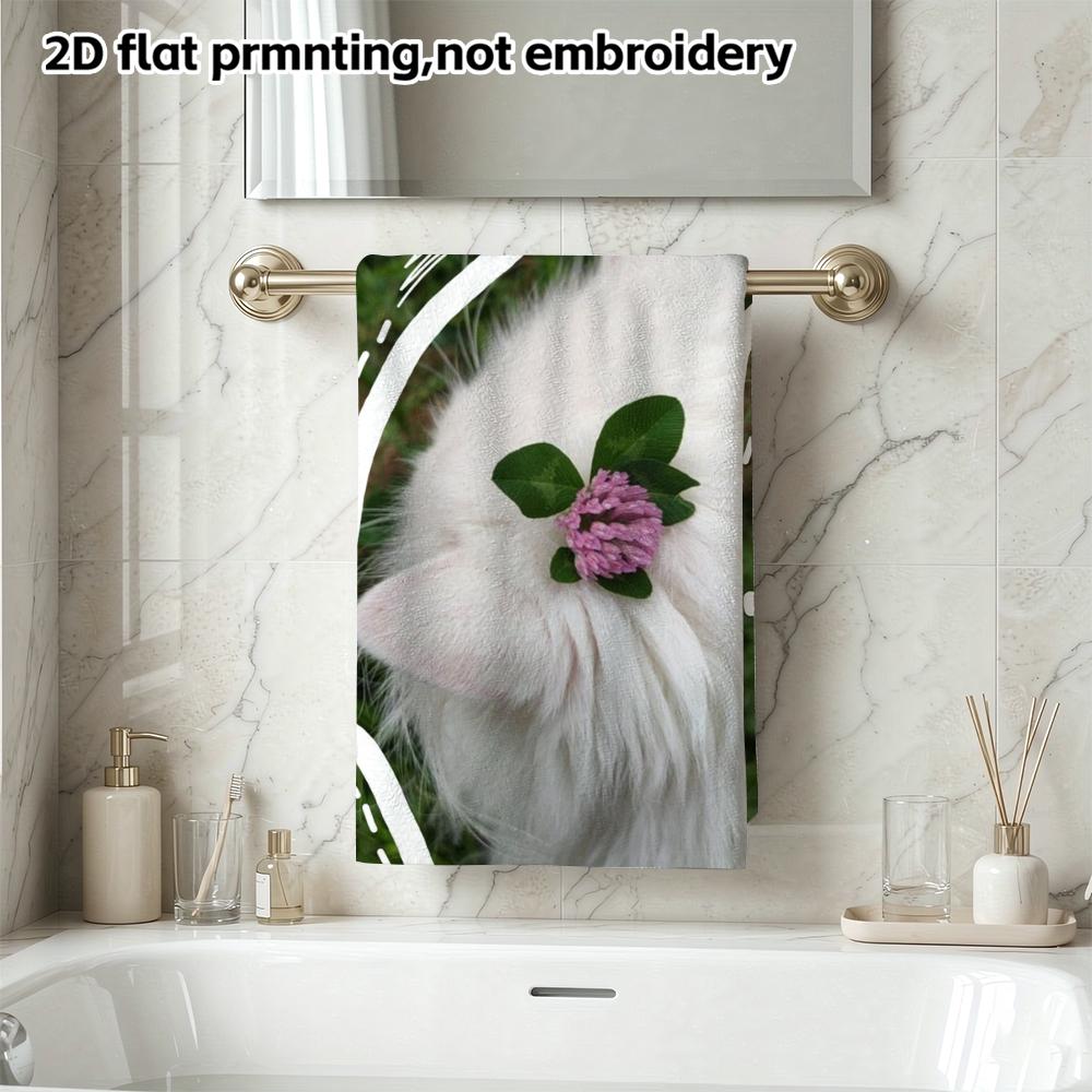 Soft Absorbent Bath Towel, White Cat With Clover Floral Print, Cute Cartoon Hand Towel for Daily Use