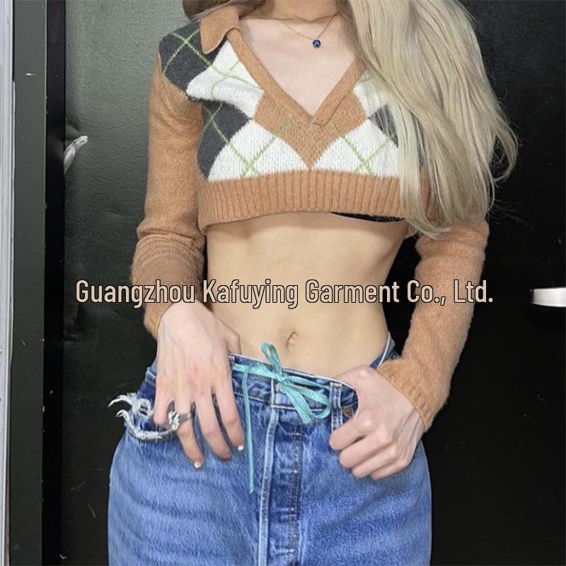 

Корейская мода ретро Y2K V-образный вырез клетчатый свитер с длинными рукавами S хаки