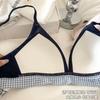 Plaid splicing polka dot thin triangular cup without steel ring to gather small breasts, double breasts, anti-sagging bra set