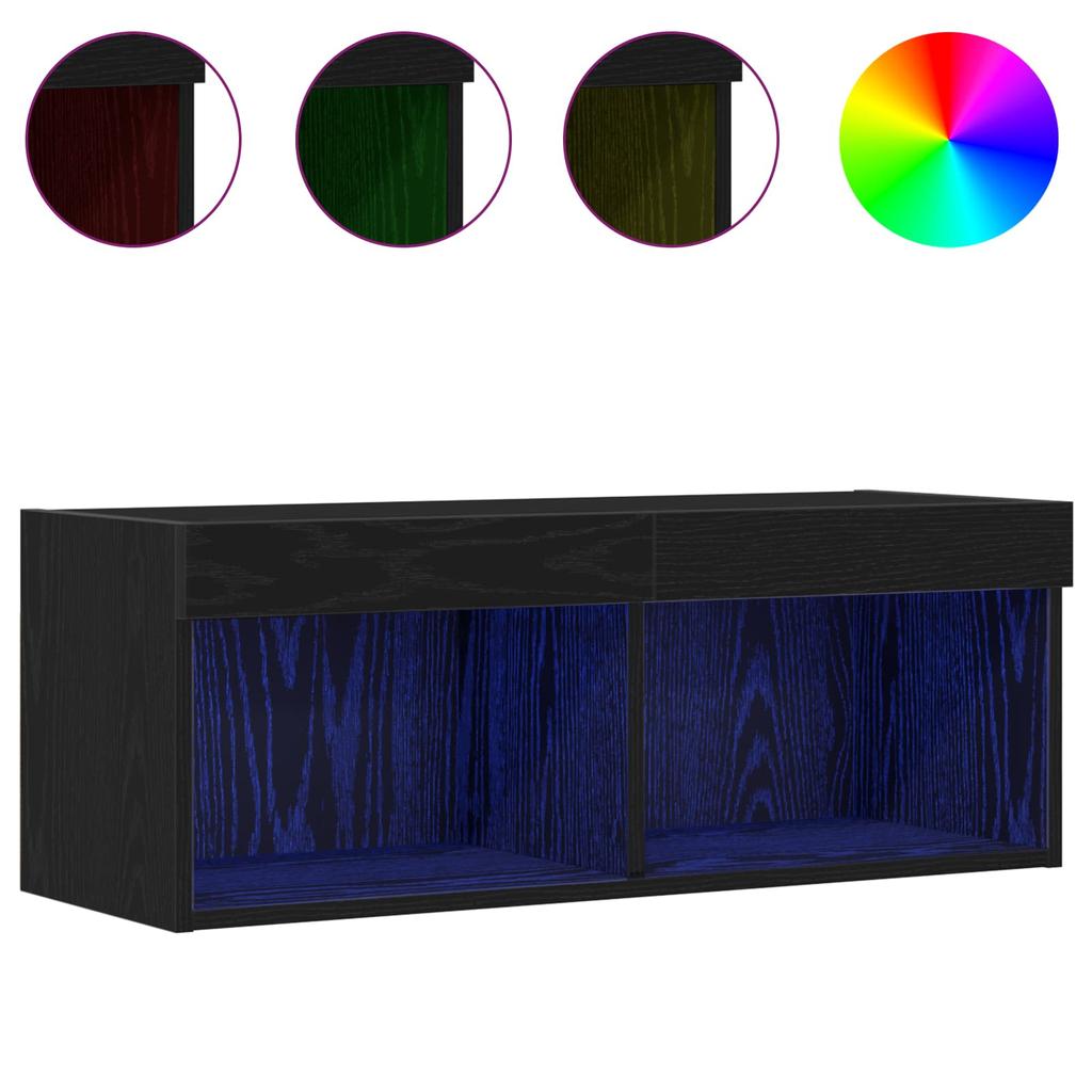Black Oak Effect Wall Mounted LED TV Cabinet Set 80 X 30 X 30 Cm