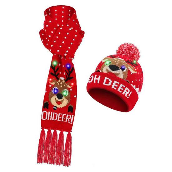 

1 комплект, комплект шапок и шарфов, светодиодная рождественская шапка, снежинка, Санта-Лось, рождественская елка, принт, яркий цвет, унисекс, новогодний праздничный шарф с кисточками, комплект шапок красный