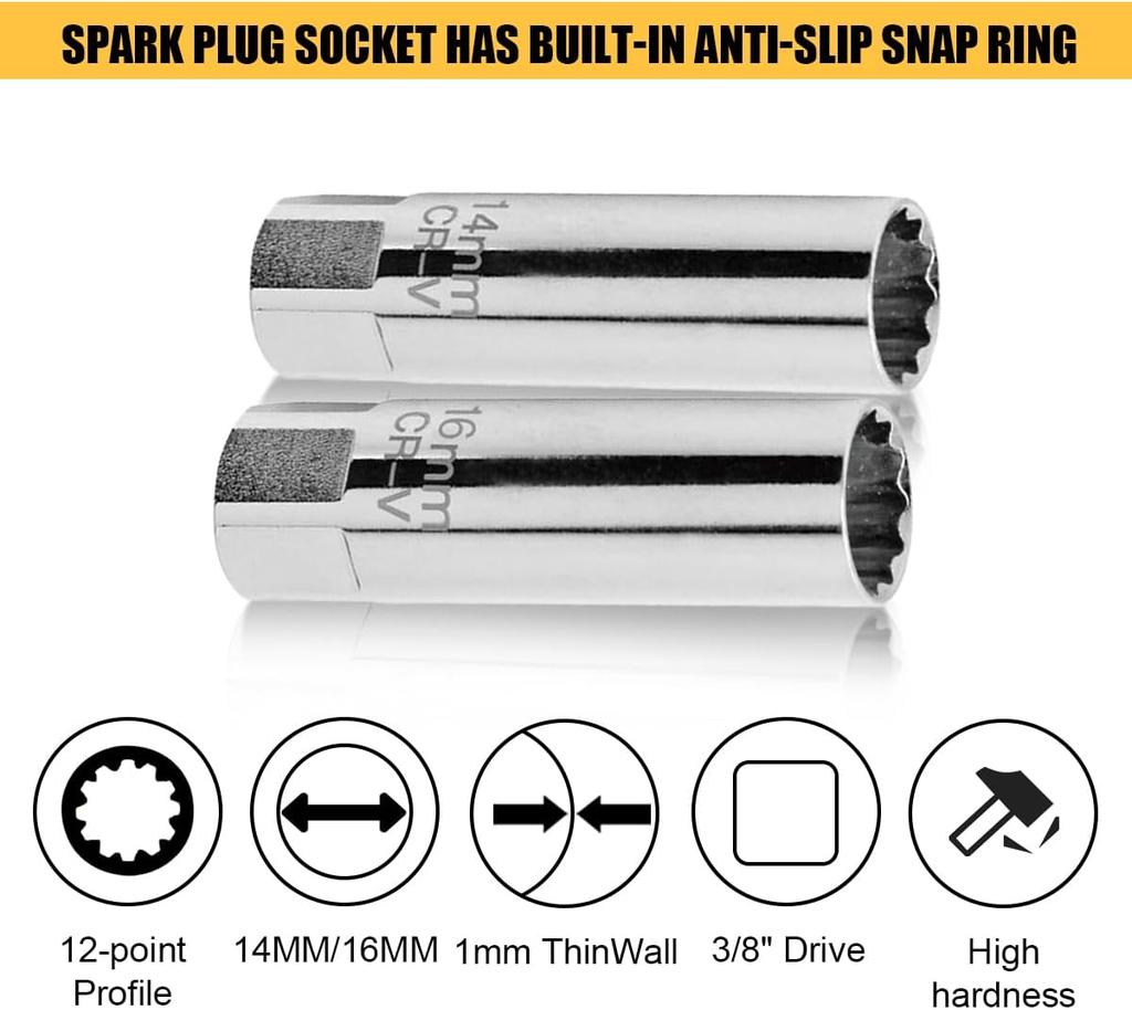 Universal Spark Plug Socket Spark Plug Wrench 3/8 Magnetic 12 Angle Thin Wall for 14mm 16mm Spark Plug Removal Auto Repair Tool