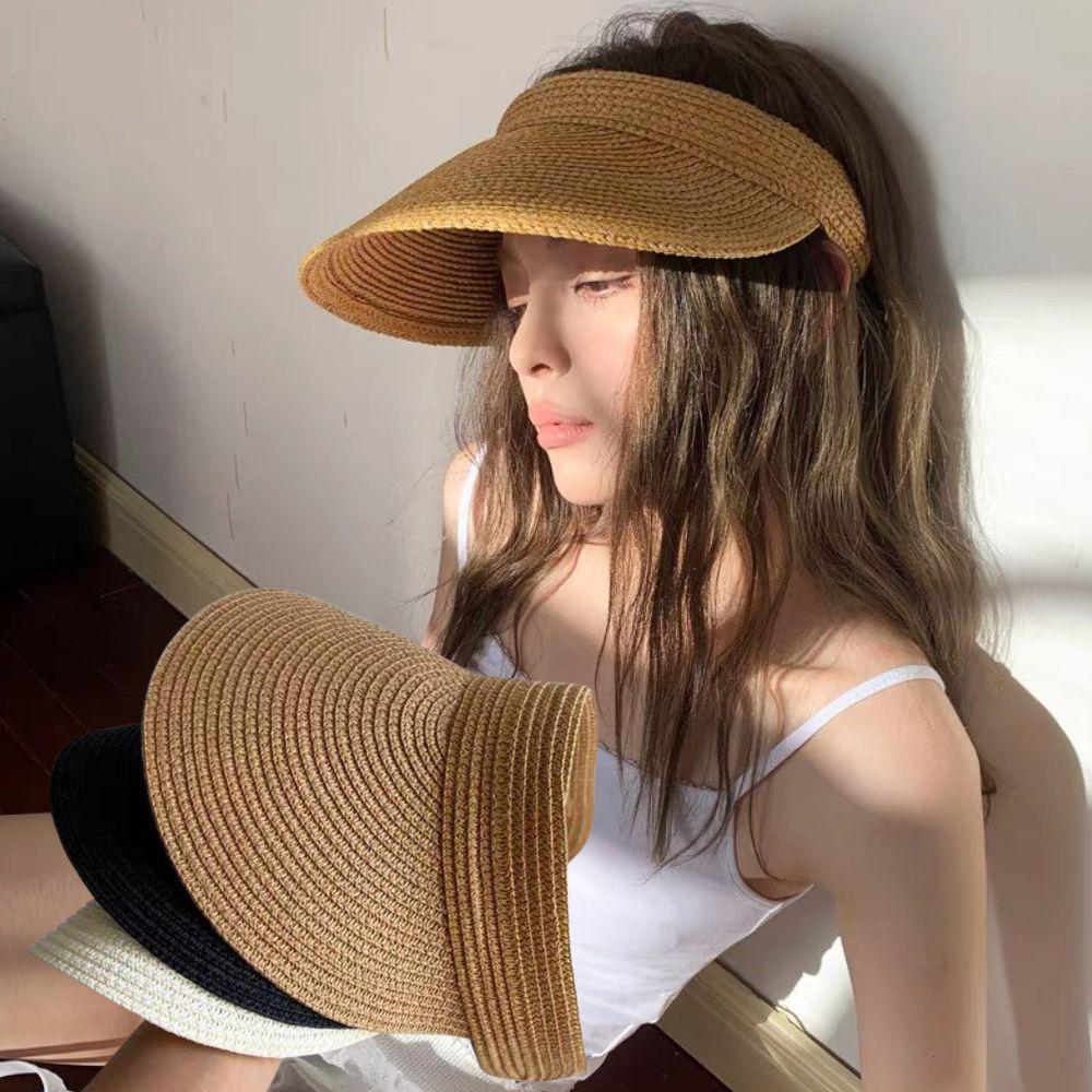 Simple Solid Color Straw Sun Cap Wide Brim Sunscreen Empty Top Hat Foldable Breathable Wide Brim Sun Hat UV Protection Beach Cap