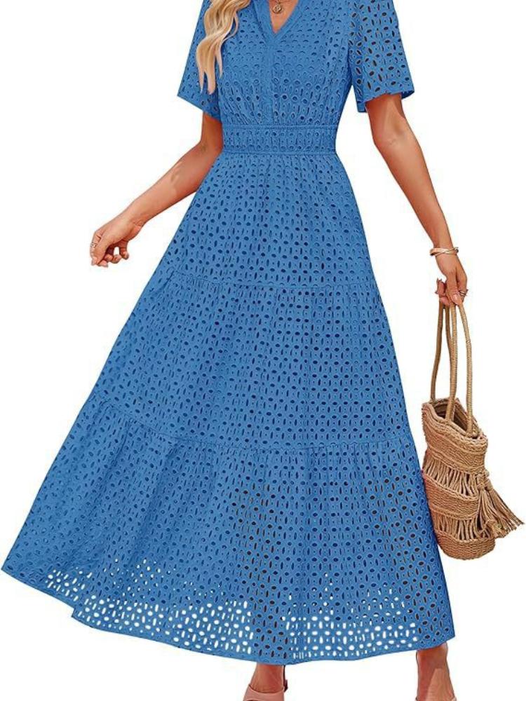 Damen V-Ausschnitt Spitze Kurzarm Maxi Kleid mit ausgestelltem Saum, Erhältlich in mehreren Farben