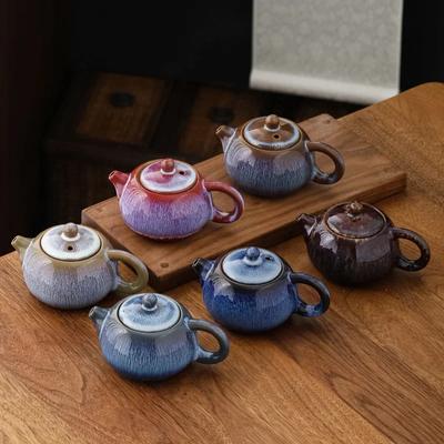 Domácí porcelánová čajová souprava Kung Fu, Flambovaná, Glazura Temmoku, Konvička Gentiana, Čajová konvička Jianzhan, Tradiční porcelán, Barva nad glazurou