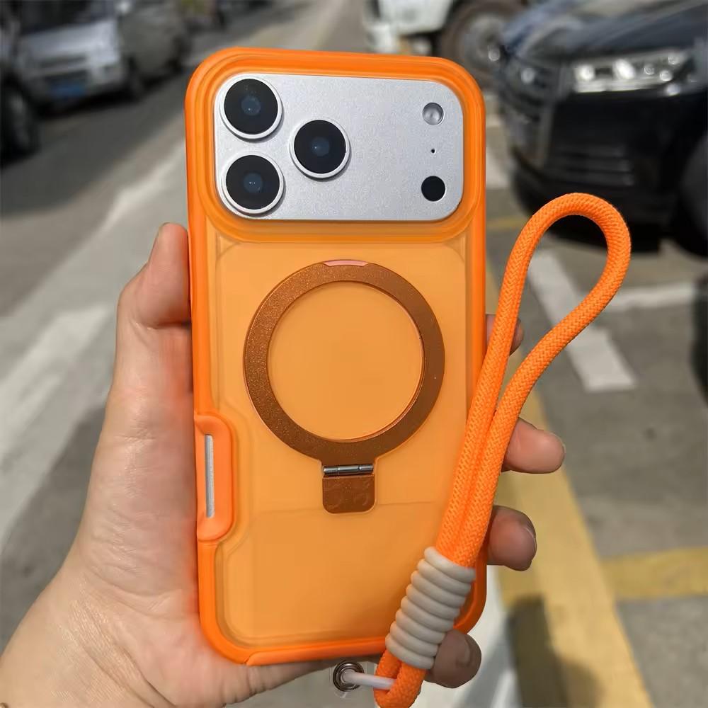 Luxury Magnetic Charging Matte Ott Anti-fall Case For iPhone Air 17 16 15 14 Plus Pro Max TPU+PC With Stand & Hand Strap Shell