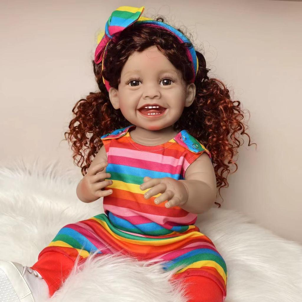 KEIUMI Uśmiechnięta odrodzona lalka dziewczynka czarna skóra realistyczna 55 cm całe ciało silikon winylowe lalki dla noworodków bebe z lokami prezenty świąteczne