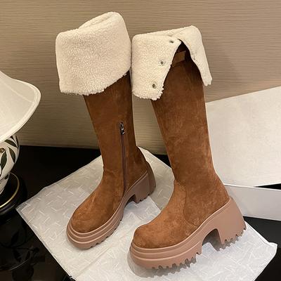 Suede Women High Boots Chunky Platform Knee High Shoes Pumps Winter Trend New Fashion Warm Plush Snow Botas Woman Shoes