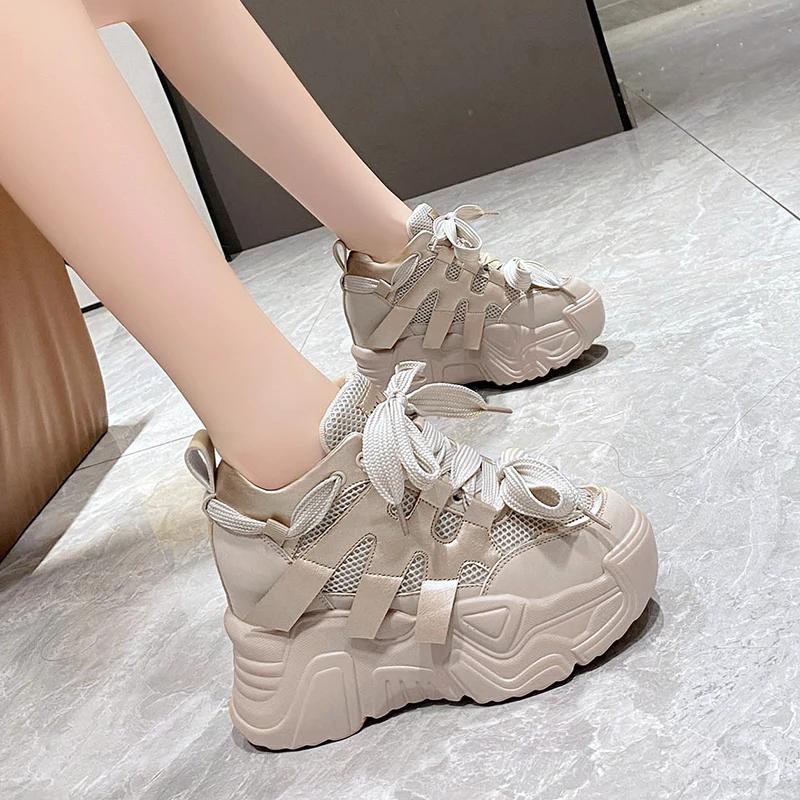 Fashion Women Autumn Leather Sneakers 10CM Heels White Mesh Casual Shoes New Fashion Woman Trainers Lace-Up Breathable Platform Sneakers