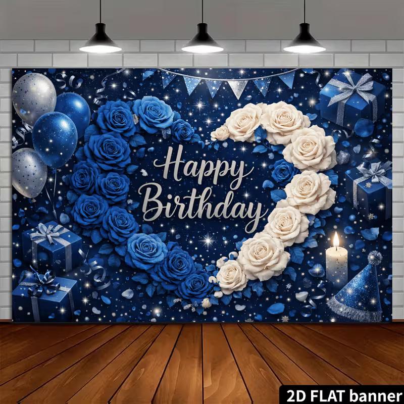 2D Starry Blue Rose Happy Birthday Backdrop Banner Party Decoration for Boys & Men